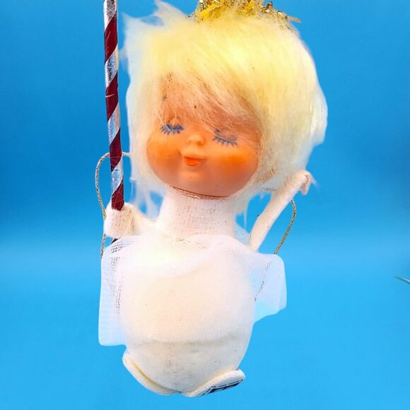 Pixie Angel Ornament Tulle Wings Parasol Lace Trim 1960s Japan Sleepy Eyes - Picture 3 of 9